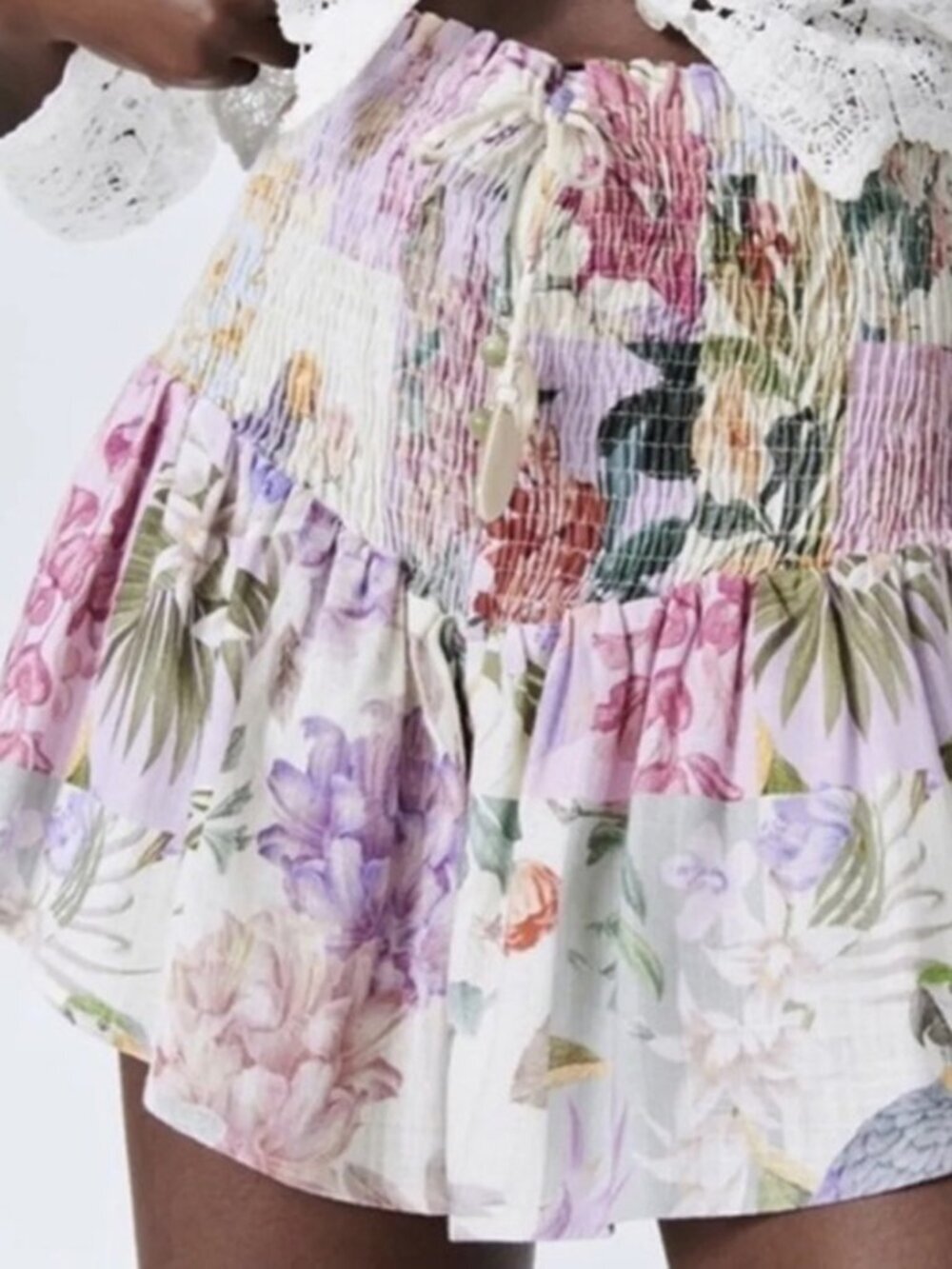 Zara Tropical Floral Linen Smocked High Waist Shorts Size S